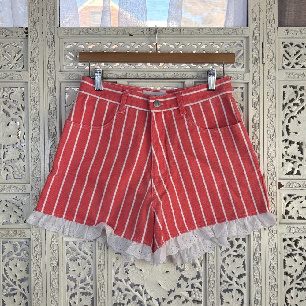 Vtg Pinwheels Coral Pink Striped Ruffle Shorts Sz 2 High Rise Coquette‎ Twee